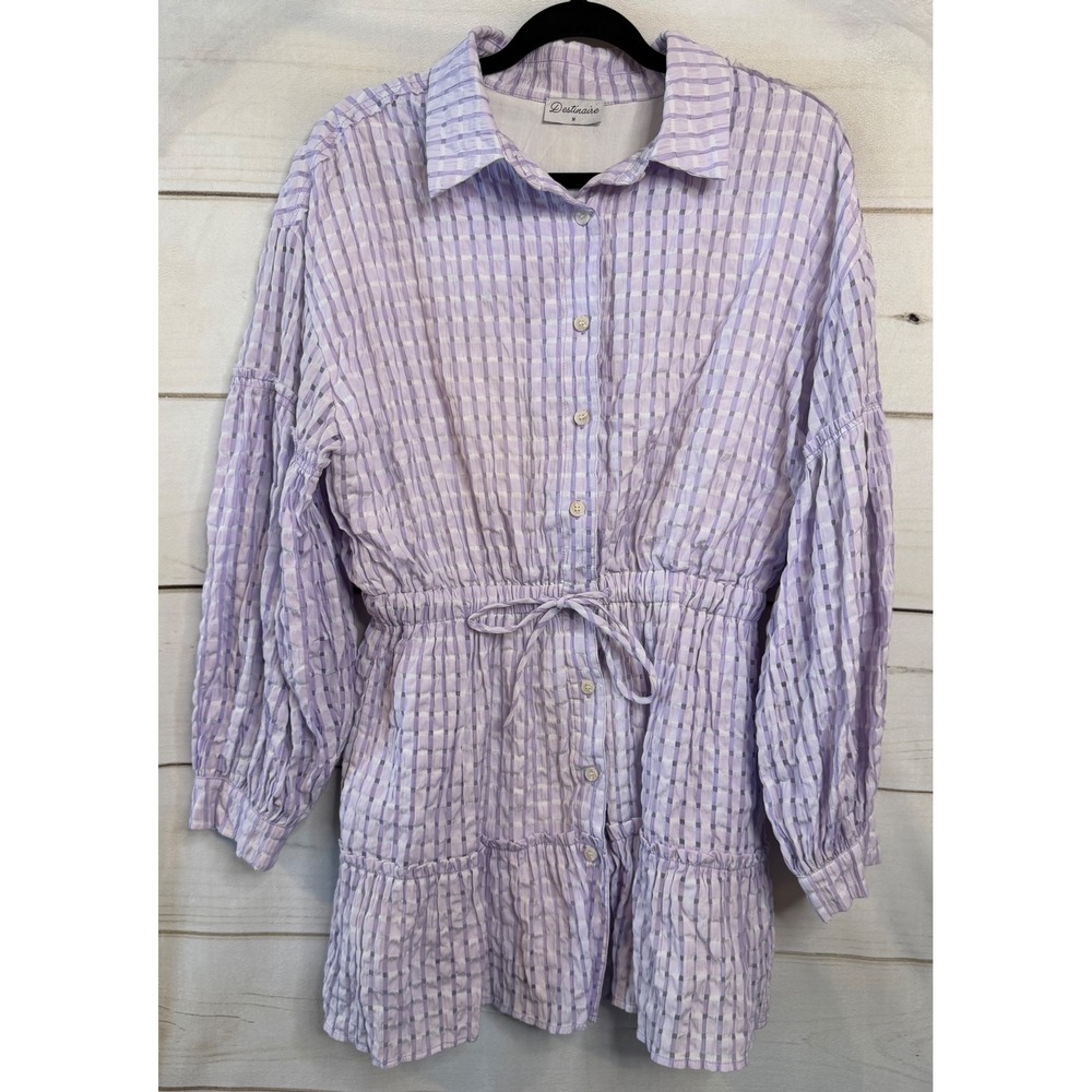 Destinaire Purple Gingham Plaid Button Down Mini Dress Elastic Waist Womens M